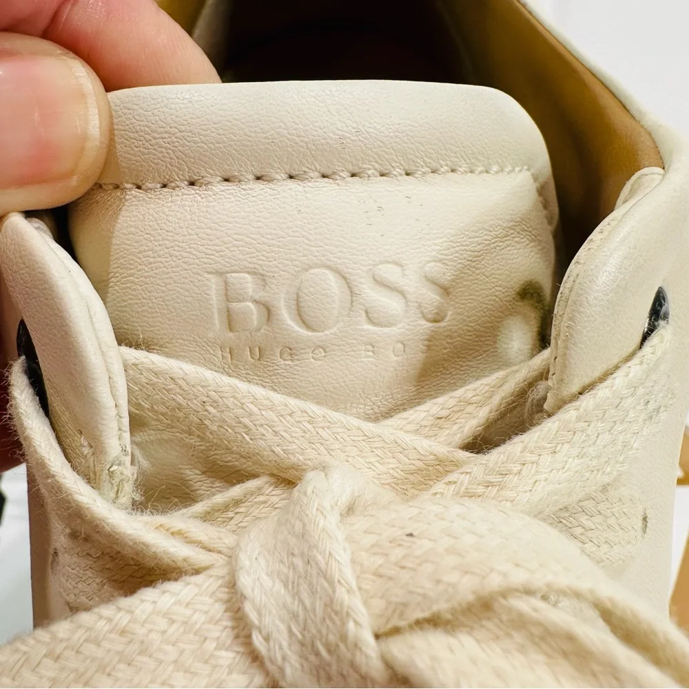 HUGO BOSS MENS BURNISH ITALIAN LEATHER SIZE 8 CREAM LOW TOP TRAINERS SNEAKERS - Picture 5 of 13